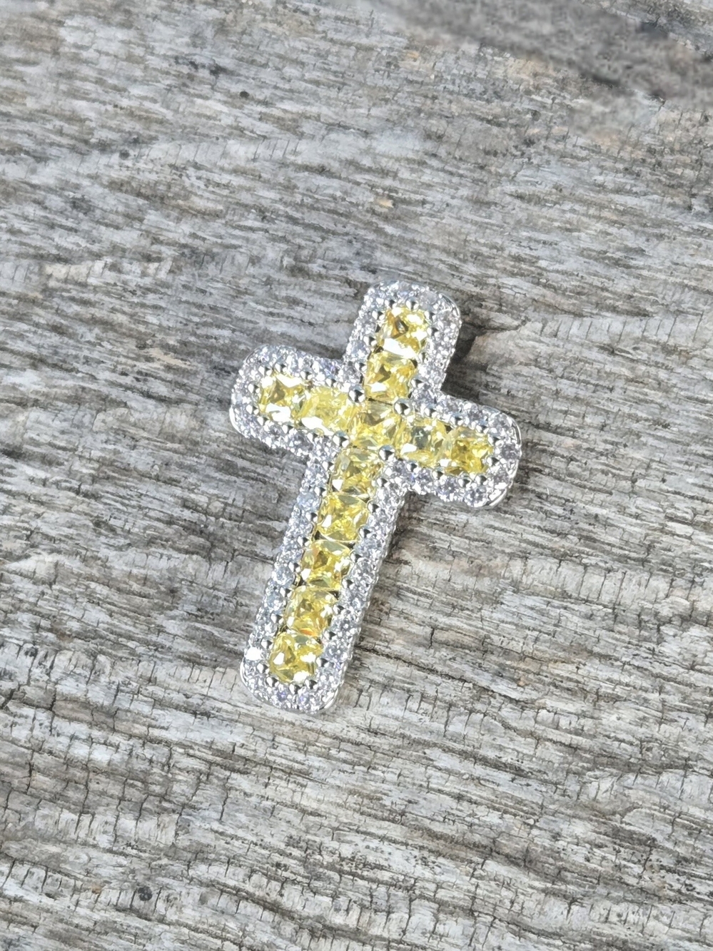 New Yellow Crystal Cross Pendant Simulated Canary Diamond 1-1/8" Silver Plated💛